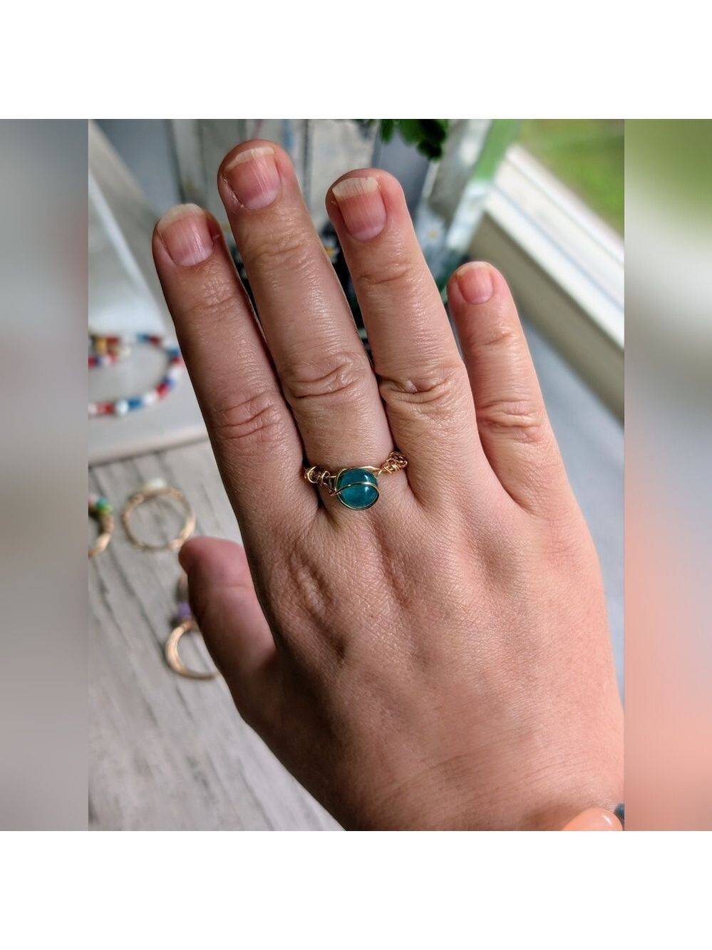 Perfectly Imperfect Rose Gold Wire Wrapped Ring with Teal Stone Size 12 - Picture 3 of 5